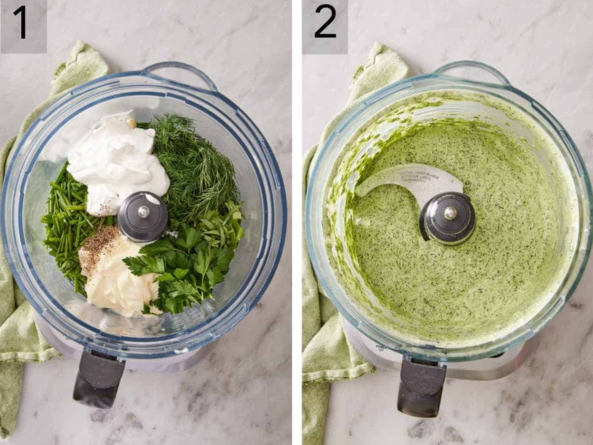 Set of two images showing ingredients added to a food processor and pocessed.