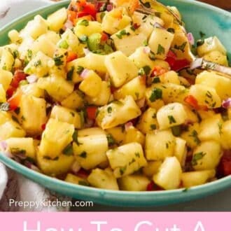Pinterest graphic showing pineapple salsa made with diced pineapple.