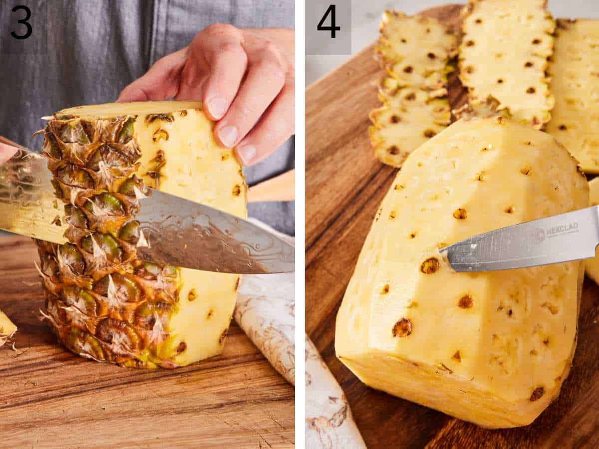 Set of two images showing the skin and pineapple "eyes" removed.