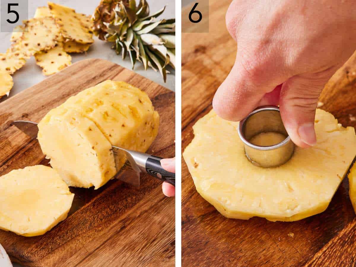 Set of two images showing how to cut a pineapple into rings and remove the tough core.