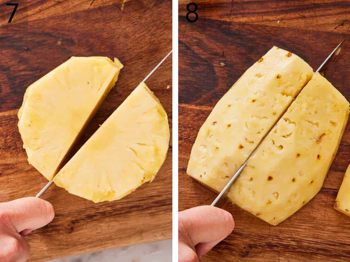 Set of two images showing how to dice a pineapple by quartering it.