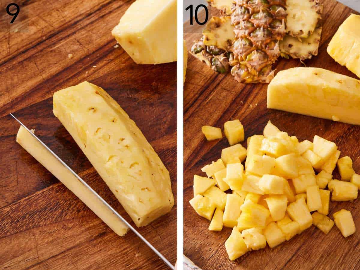 Set of two images showing how to cut a pineapple (diced) by cutting out the tough core and then cutting the flesh into small pieces.