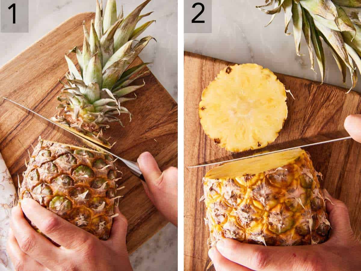Set of two images showing the top and bottom of a pineapple cut off.