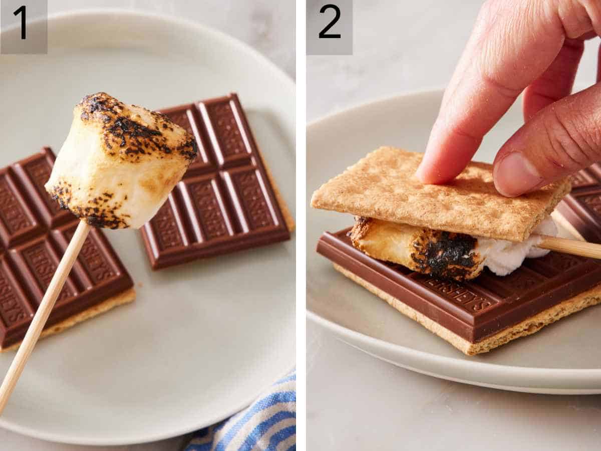 Set of two images showing how to make s'mores using the grill or campfire method by toasting the marshmallow and sandwiching it between two crackers with chocolate.