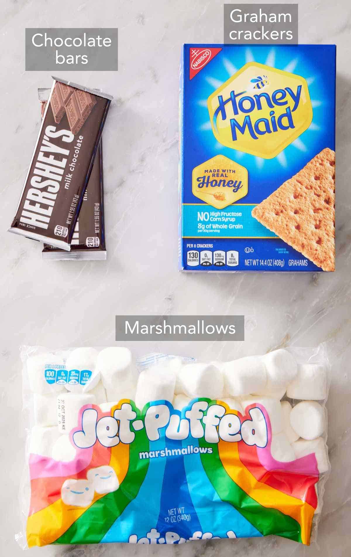 Ingredients for how to make s'mores recipe.