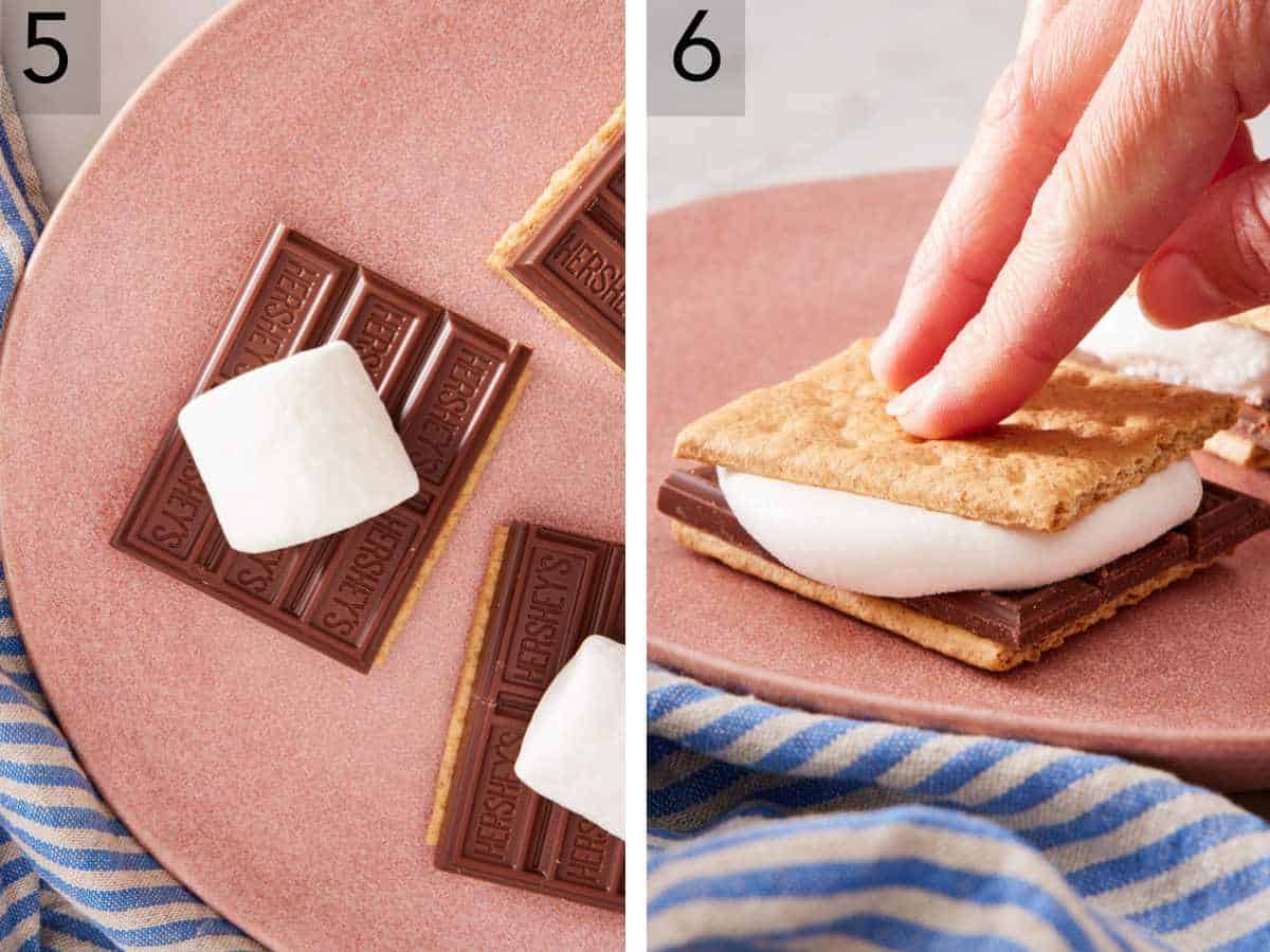 Set of two images showing the microwave method for how to make s'mores.