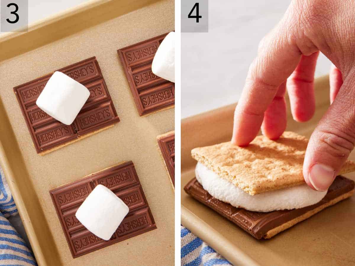 Set of two images showing the oven method for how to make s'mores recipe.