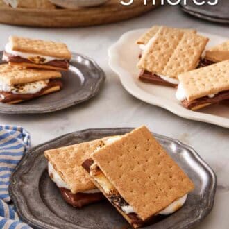 Pinterest graphic showing s'mores on various plates and ingredients for how to make s'mores in the background.