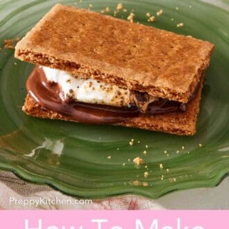 Pinterest graphic showing a close-up of a fire method s'more on a green plate.