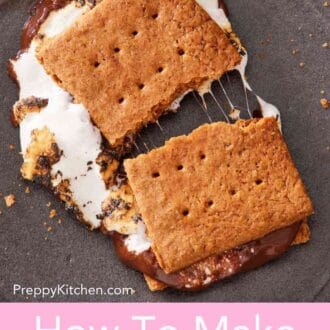 Pinterest graphic showing a s'more on a gray plate.