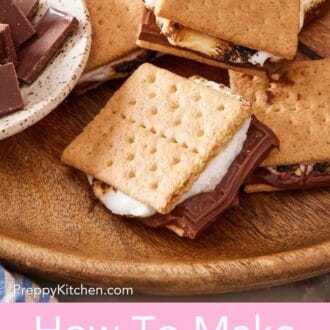 Pinterest graphic showing several s'mores on a platter.