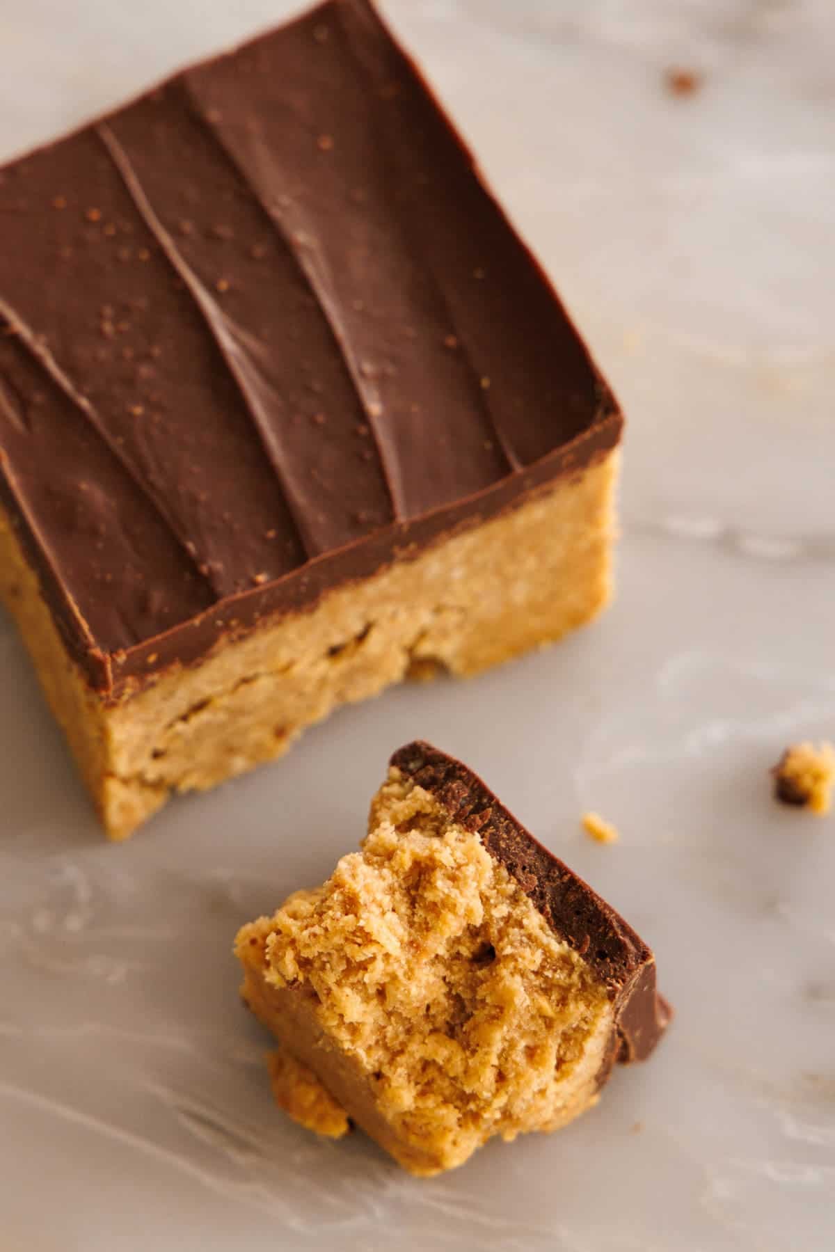 Close-up image showing a peanut butter bar recipe made with natural peanut butter.