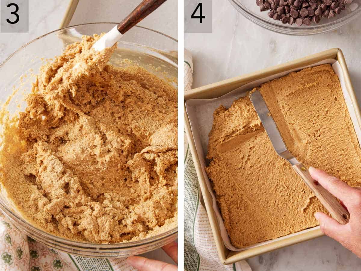 Set of two images showing graham cracker crumbs added, and the mixture spread into a lined baking pan.