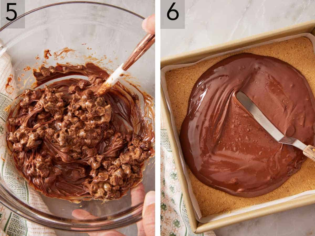 Set of two images showing chocolate melted with peanut butter, and spread over the peanut butter layer.