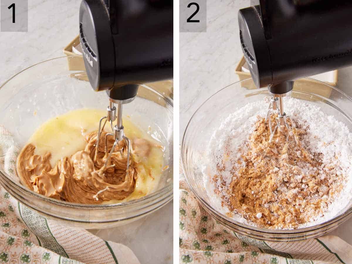 Set of two images showing butter and peanut butter combined, and powdered sugar beat in.