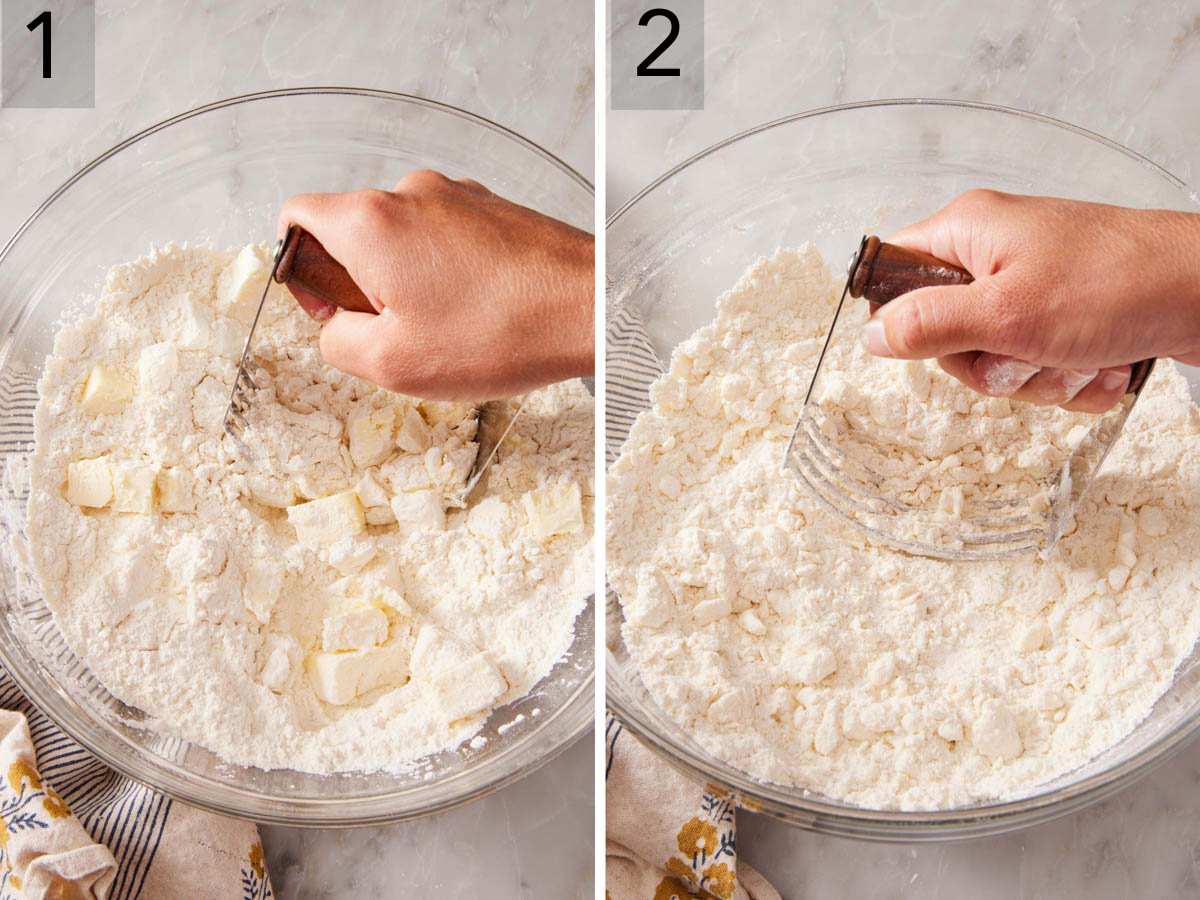 Set of two images showing butter cut into pie crust ingredients until it is in small pieces.