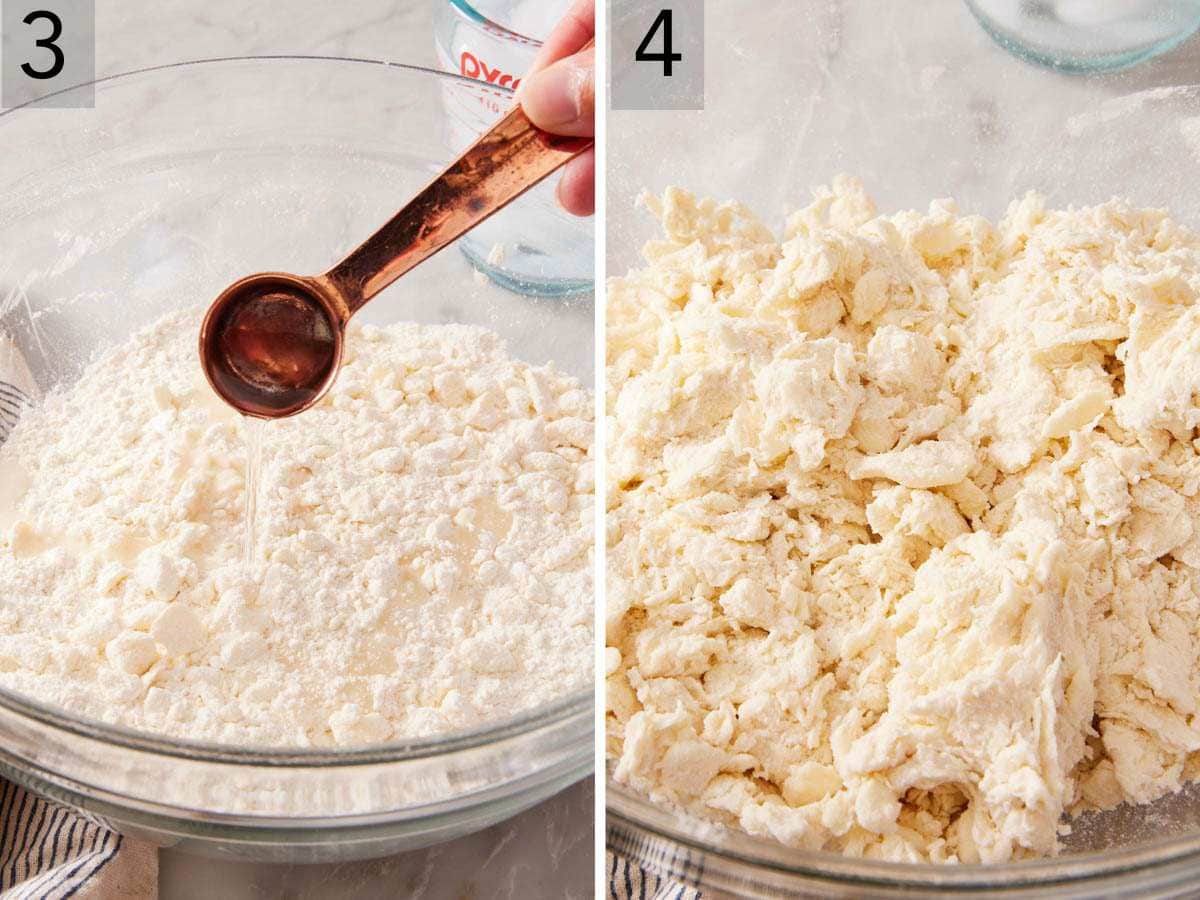 Set of two images showing water added and dough stirred together until shaggy.