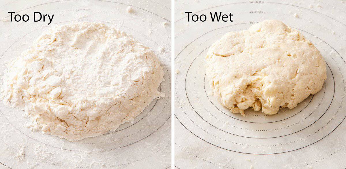 Set of two images comparing pie crust dough that is too dry and too wet.