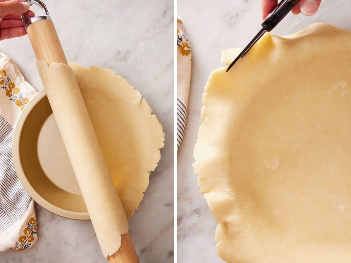 Set of two images showing pie dough transferred to a pie plate and the edges trimmed.