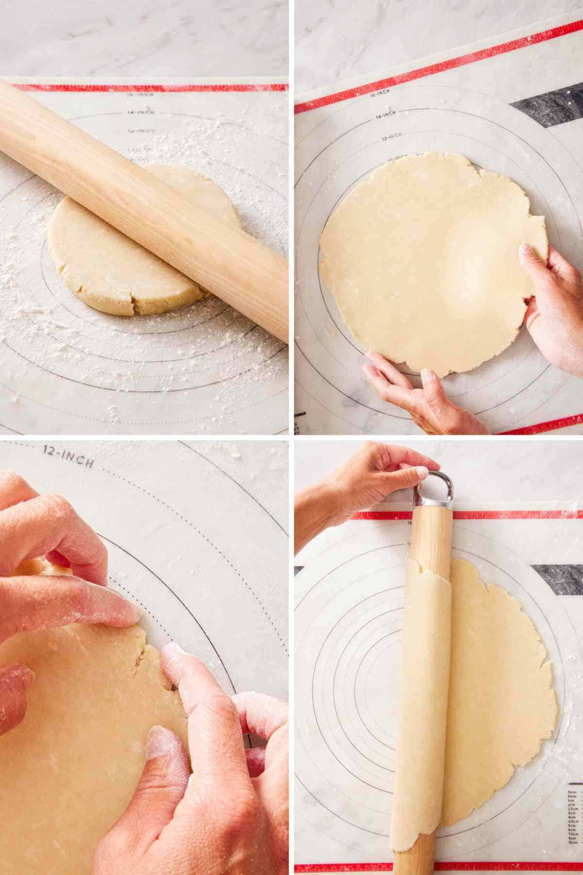 Set of four images showing how to roll out a pie crust.