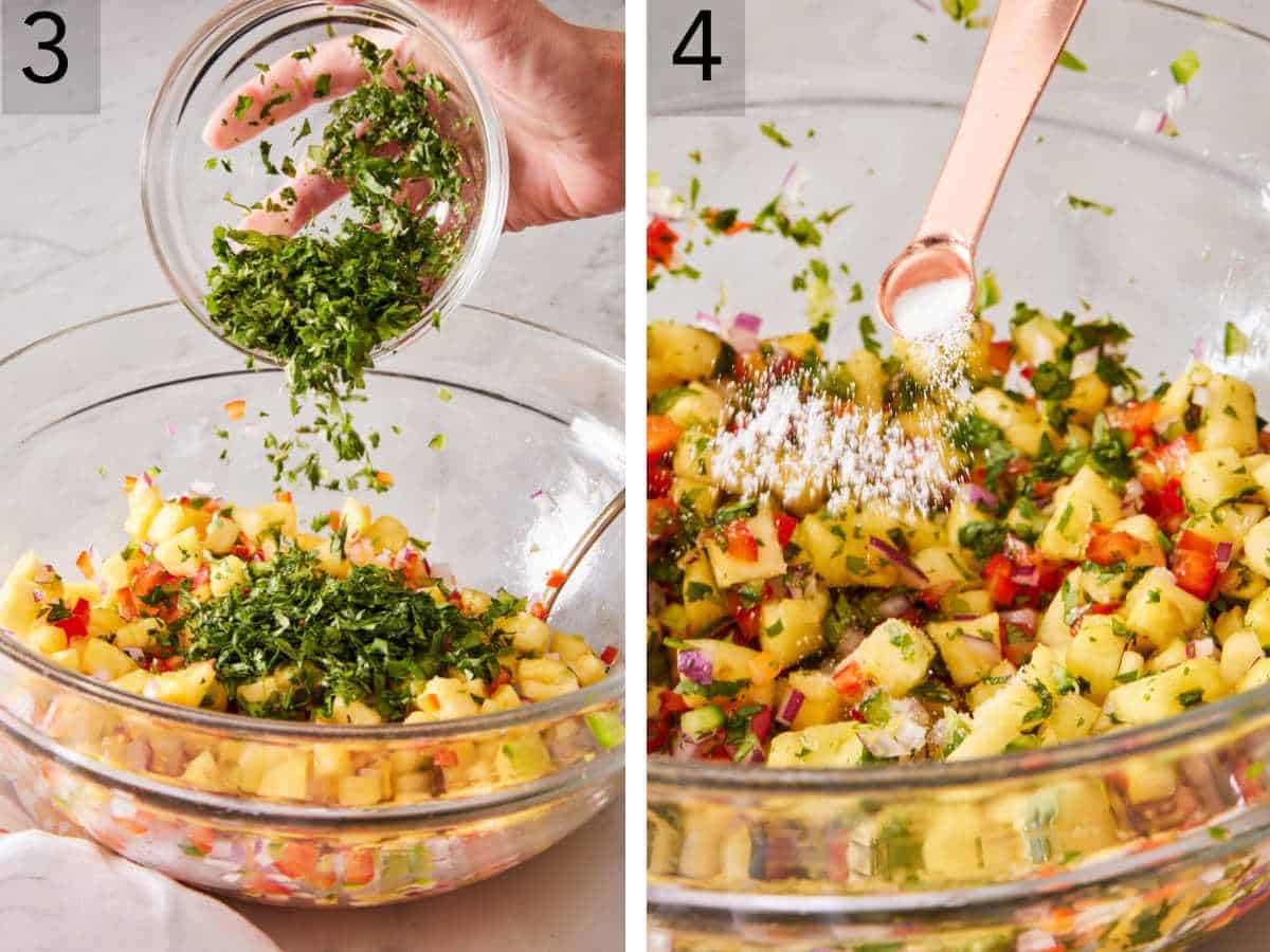 Set of two images showing cilantro and salt added.