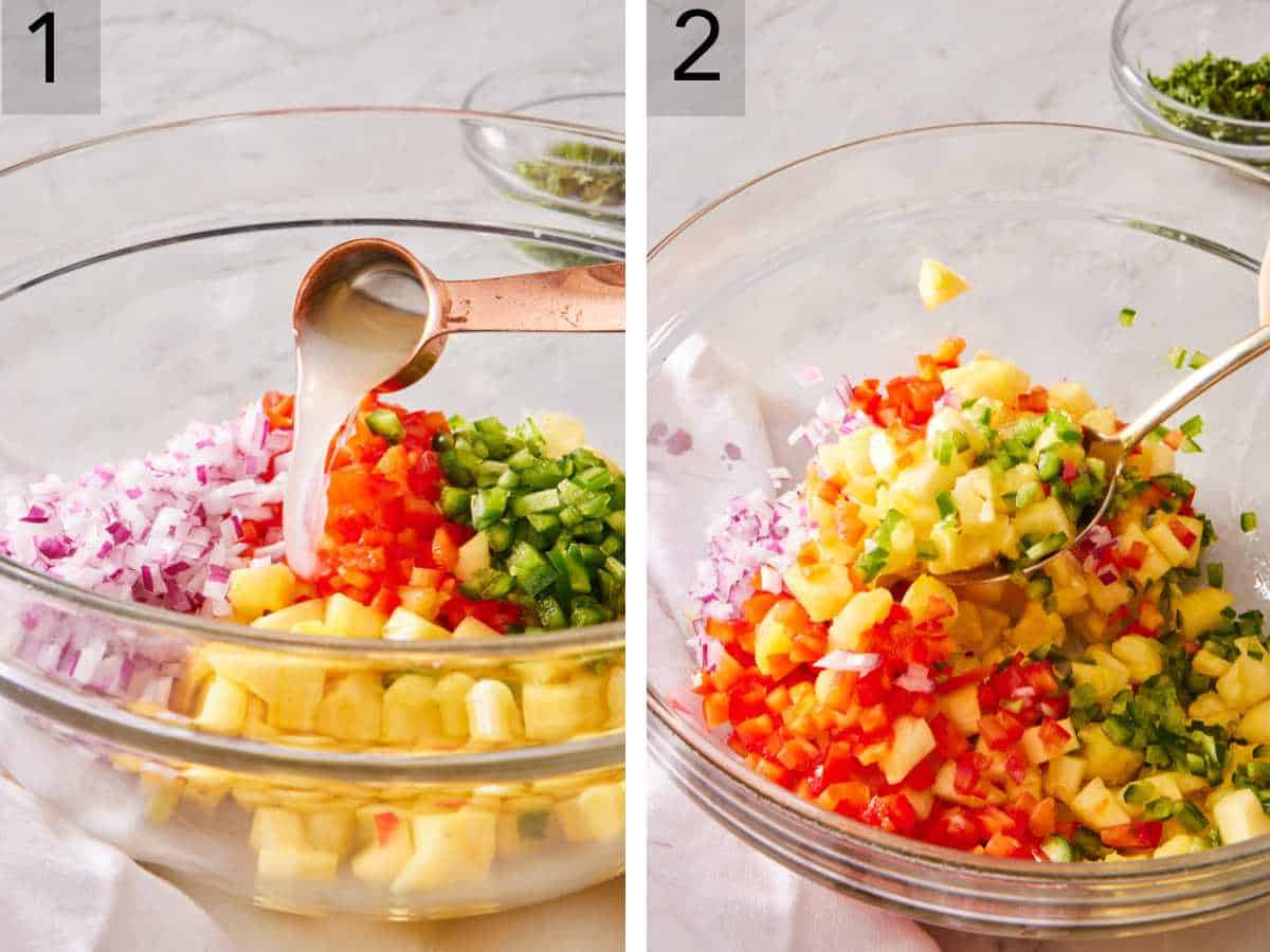 Set of two images showing lime juice added to ingredients in a bowl, and mixed together.