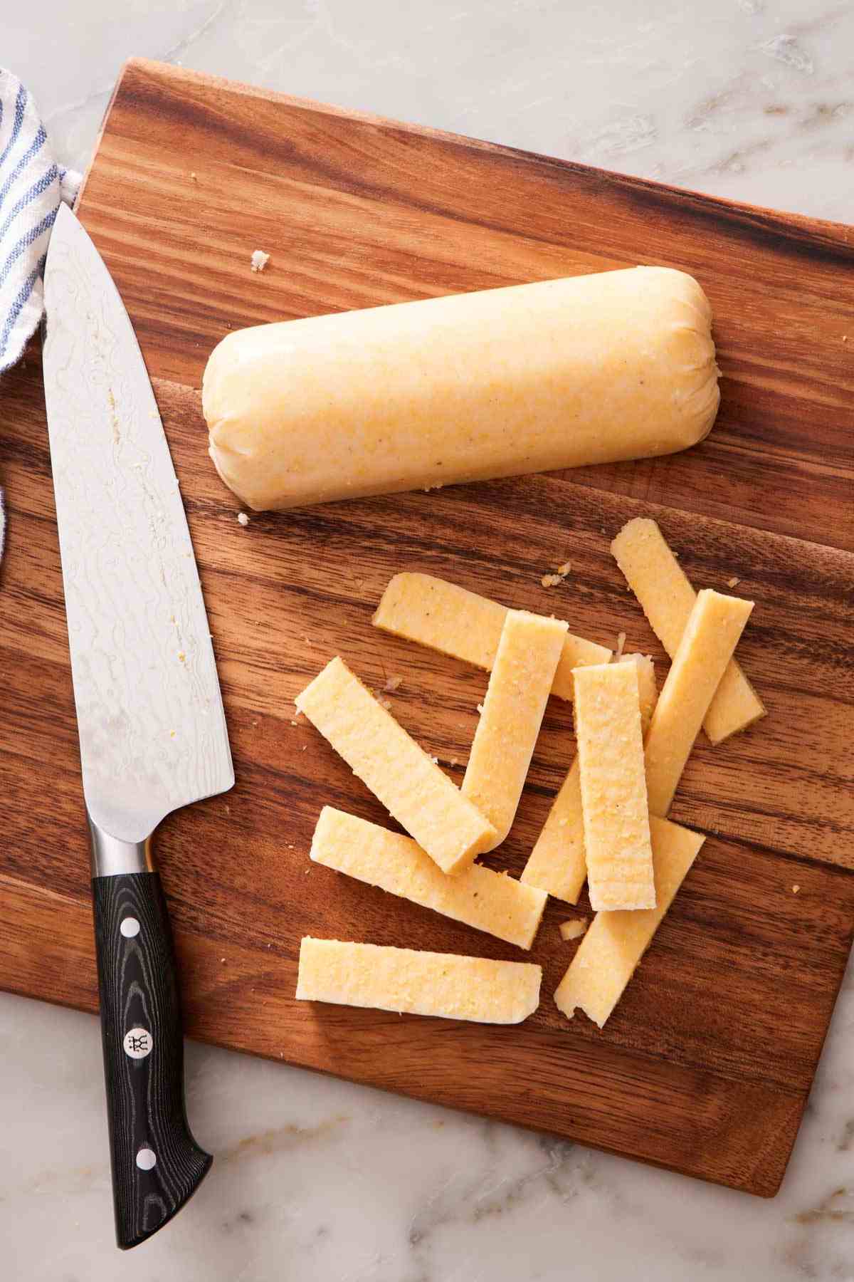 Precooked polenta log cut into fries.