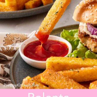 Pinterest graphic showing a polenta fry dipped into ketchup.
