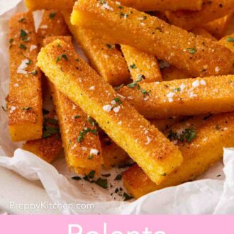 Pinterest graphic showing a close-up of polenta fries sprinkled with salt.
