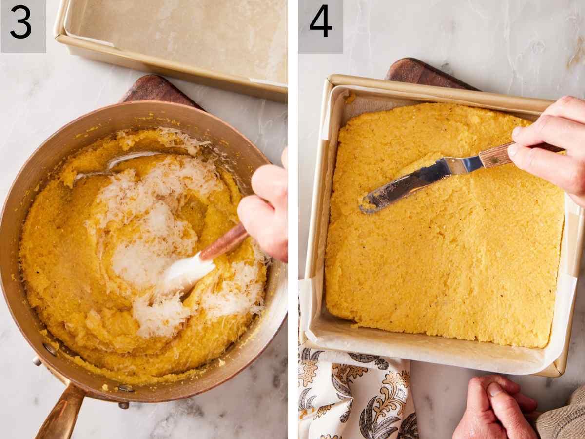 Set of two images showing parmesan cheese added, and the mixture spread into a lined pan.
