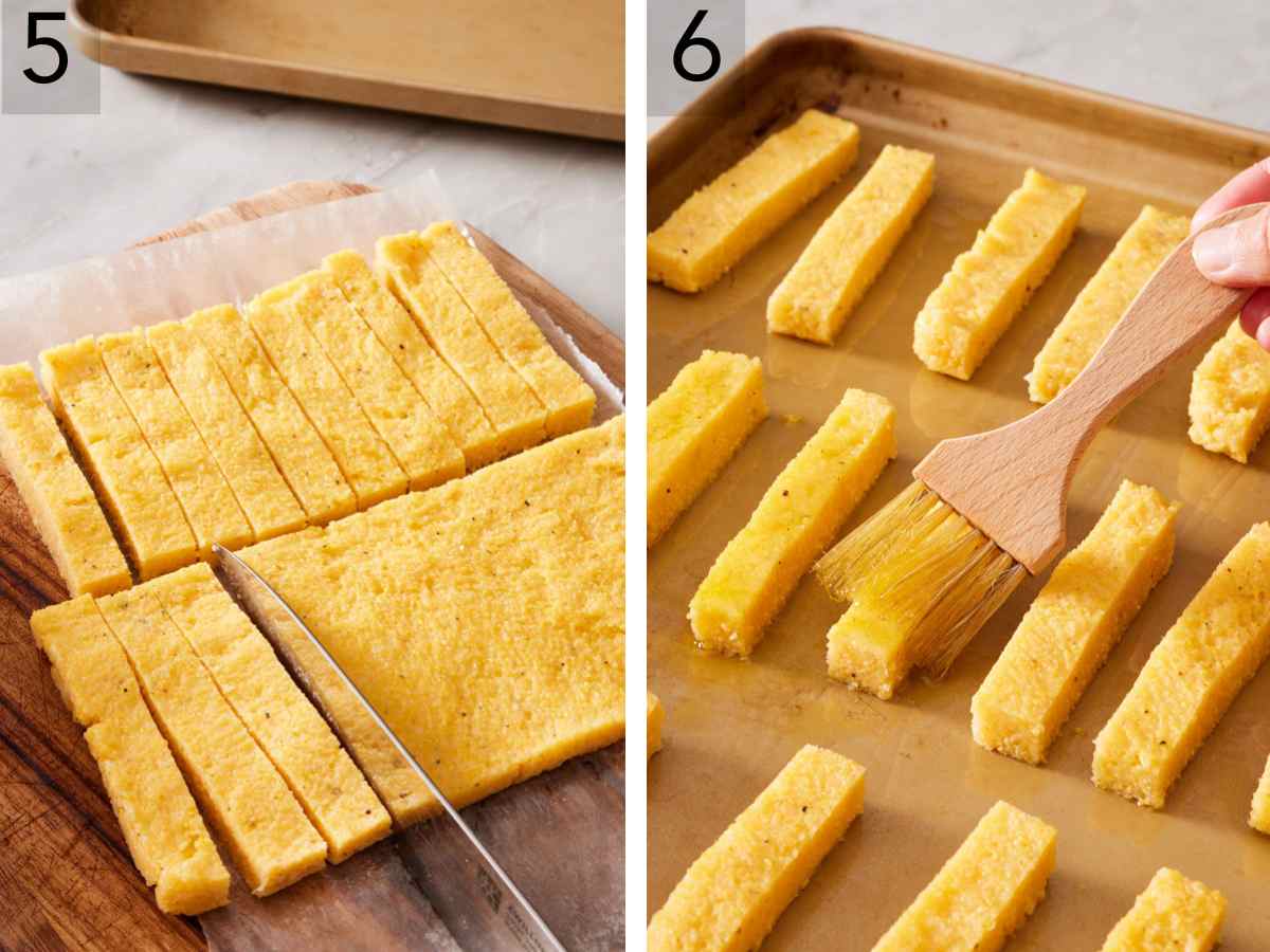 Set of two images showing polenta cut into fries and brushed with oil.