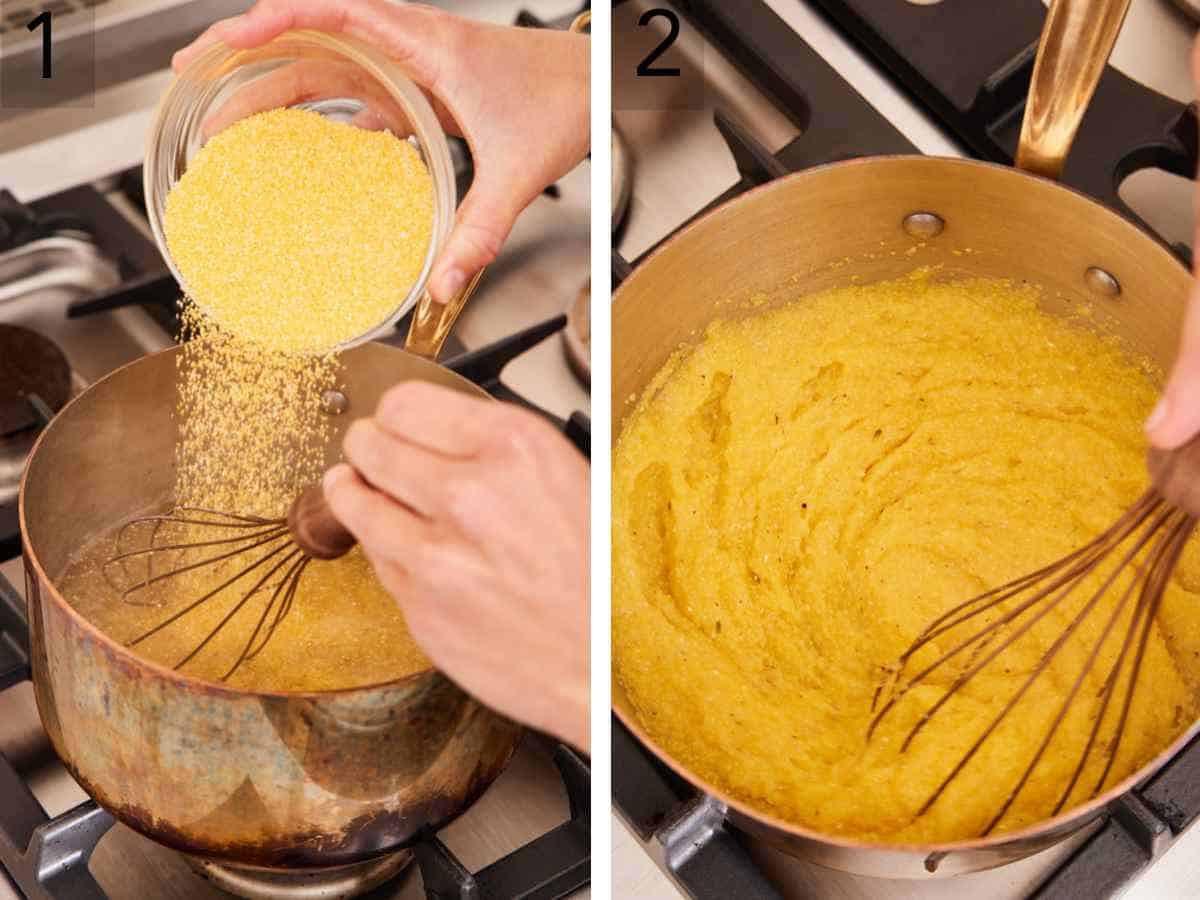 Set of two images showing polenta added to a saucepan and whisked until thick.