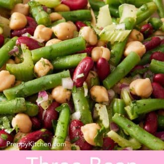 Pinterest graphic showing a close-up shot of three bean salad recipe.