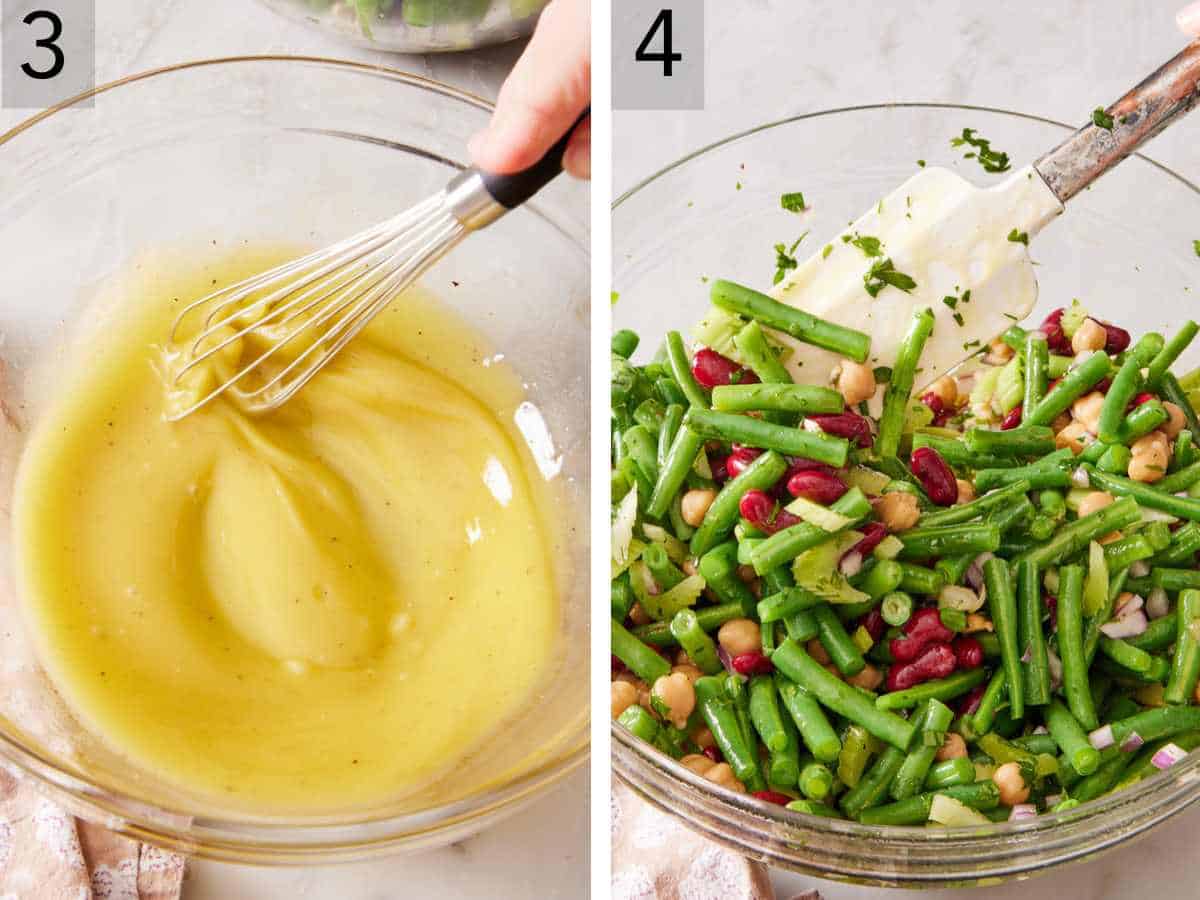 Set of two images showing dressing made and poured over salad ingredients, and everything stirred together.