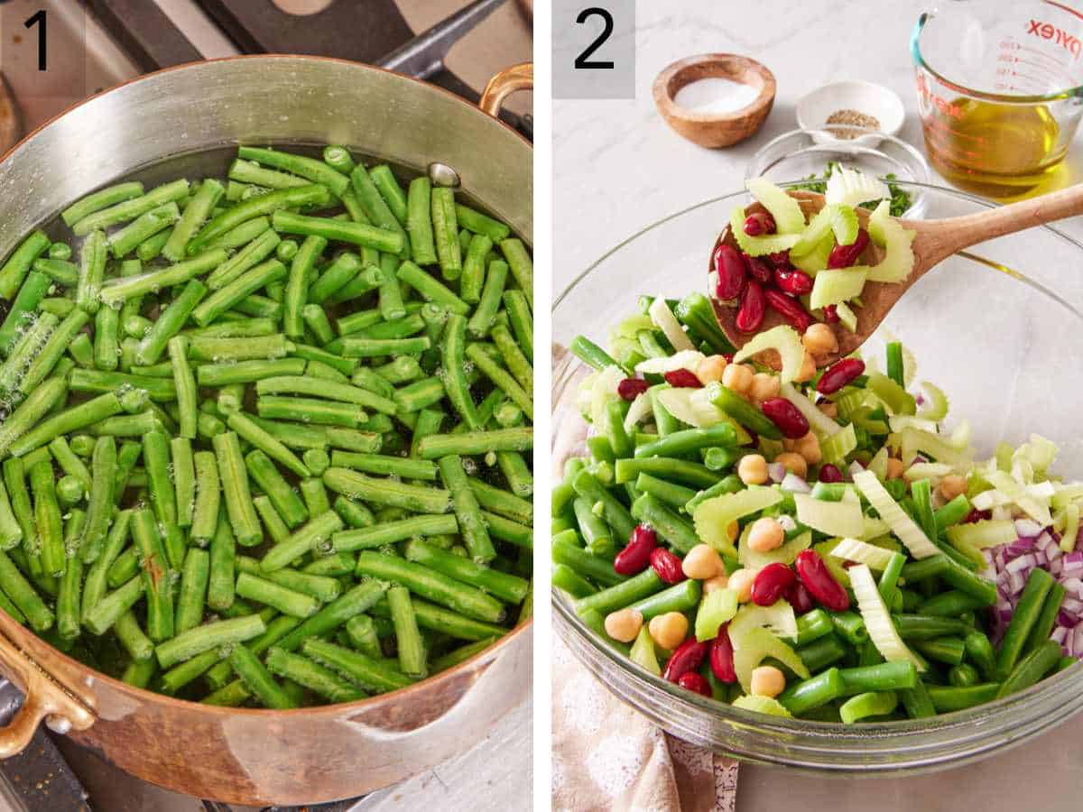 Set of two images showing green beans blanched and added to a bowl with other ingredients.