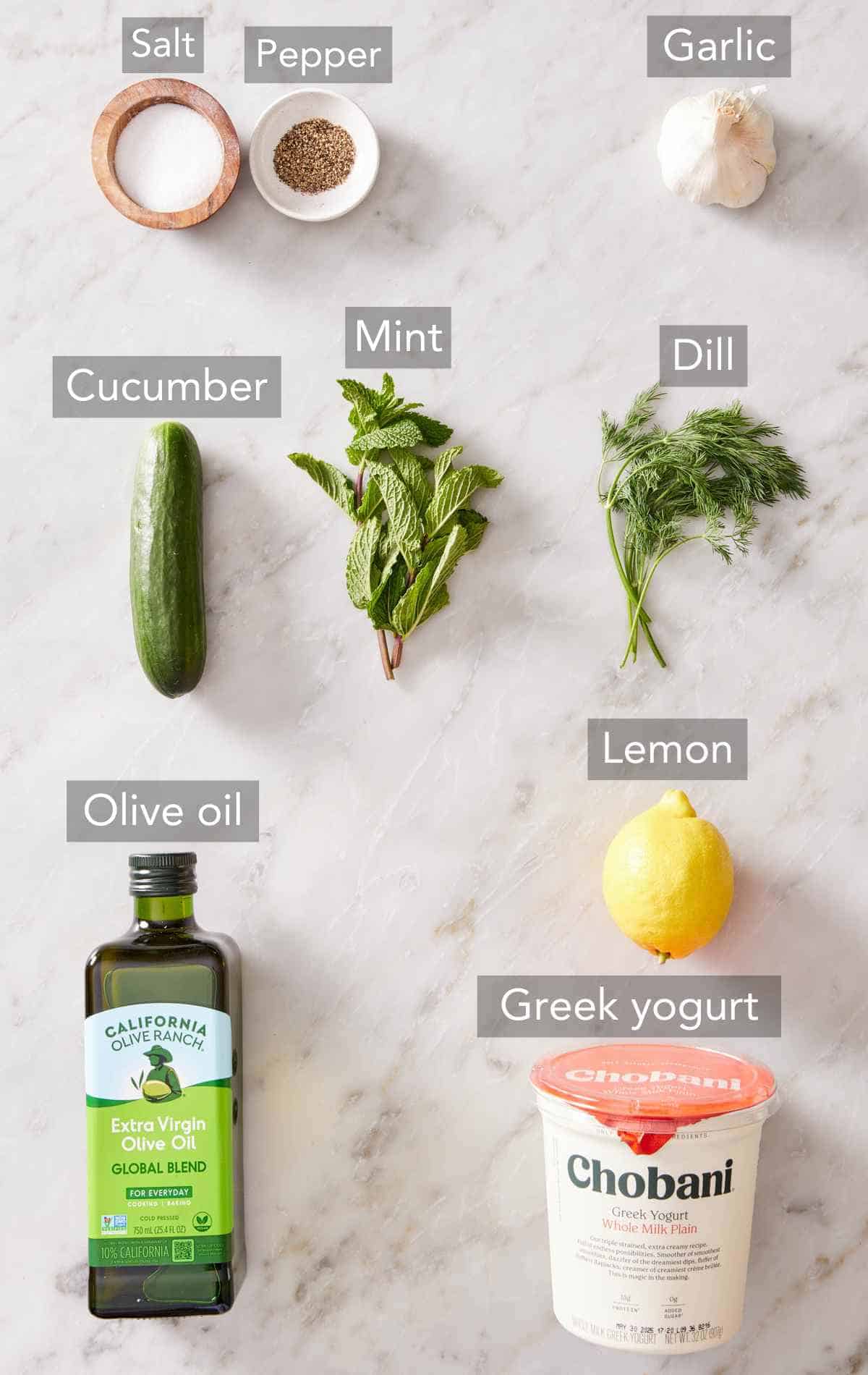 Ingredients for this tzatziki recipe.