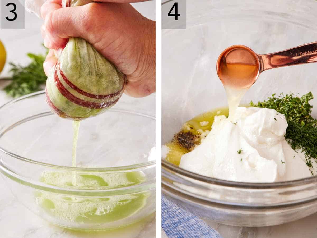 Set of two images showing liquid squeezed out of cucumber, and ingredients for tzatziki added to a bowl.