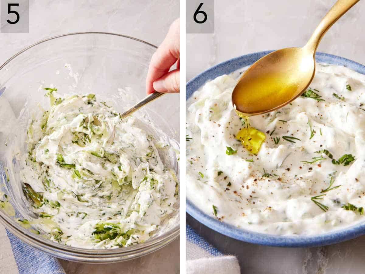 Set of two images showing the dip stirred together, and olive oil drizzled over the top.