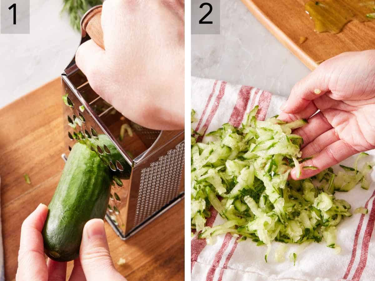 Set of two images showing cucumber grated and placed on a cloth.