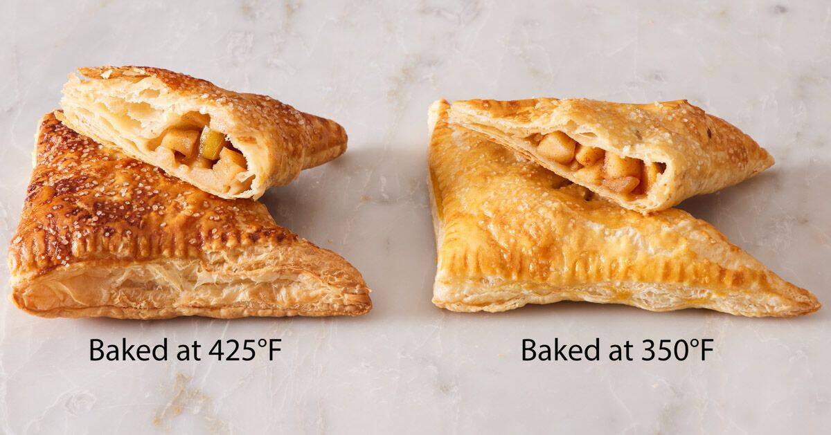 Comparison image showing apple turnovers baked at 425°F and 350°F.