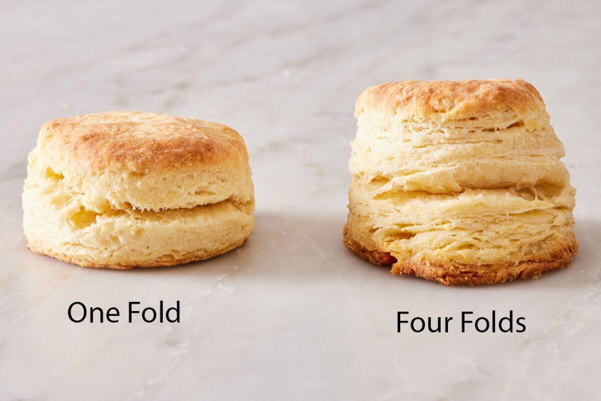 Comparison image showing how tall homemade biscuits turn out with one fold versus four folds of the dough.