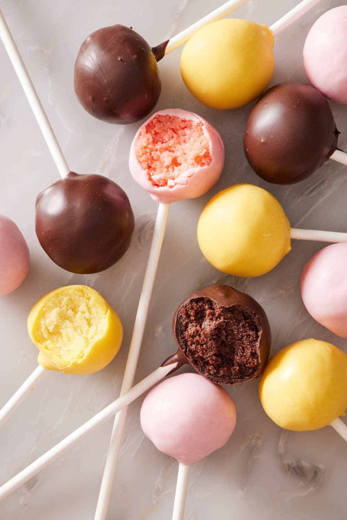 Three different flavors of homemade cake pops.