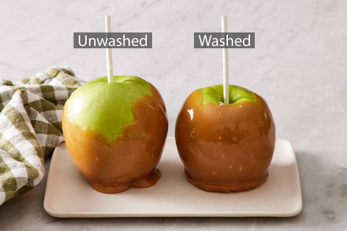 Comparison image showing how caramel sets on a waxy versus cleaned apple.
