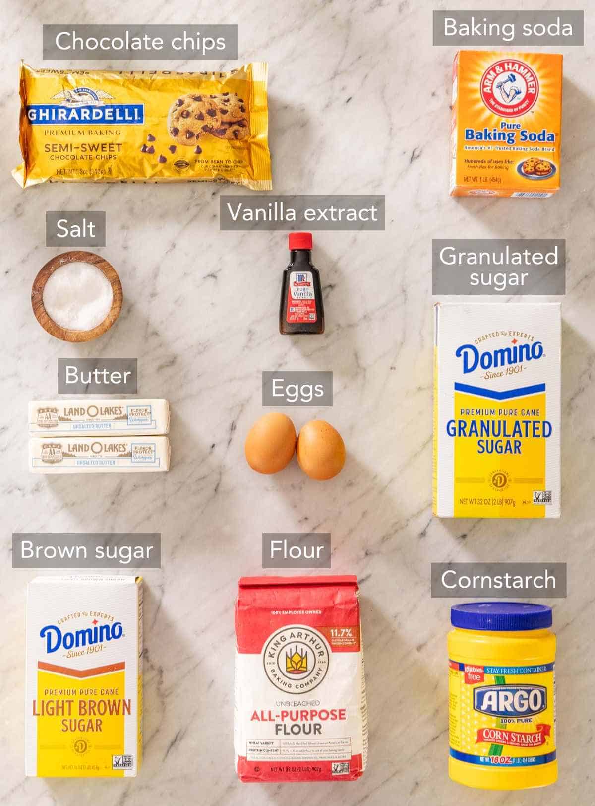 Ingredients for chocolate chip cookie bars.