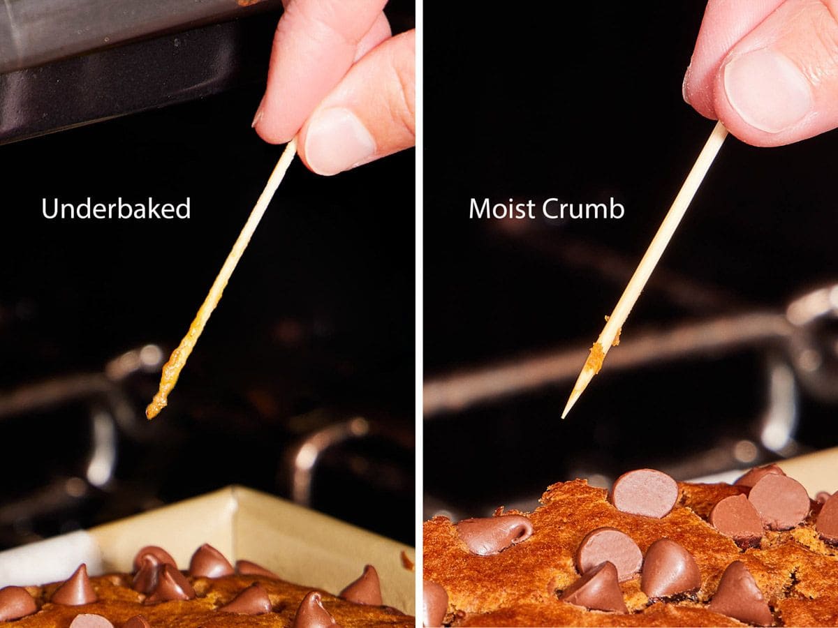 Set of two images showing an underbaked versus moist crumb of chocolate chip pumpkin bread.