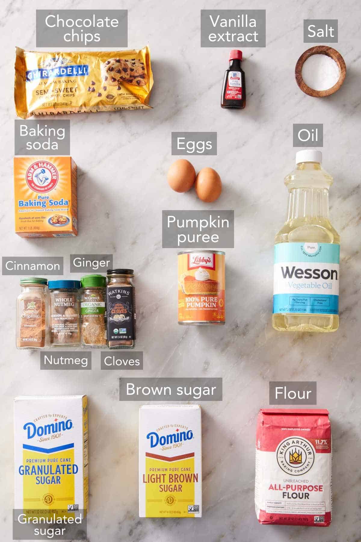 Ingredients for chocolate chip pumpkin bread.
