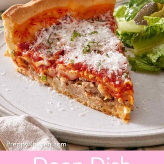 Close up of a slice of Chicago deep dish pizza on a plate.