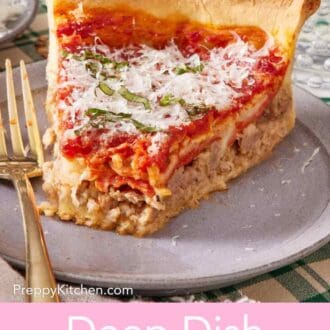 A slice of homemade deep dish pizza with a forkful taken out.