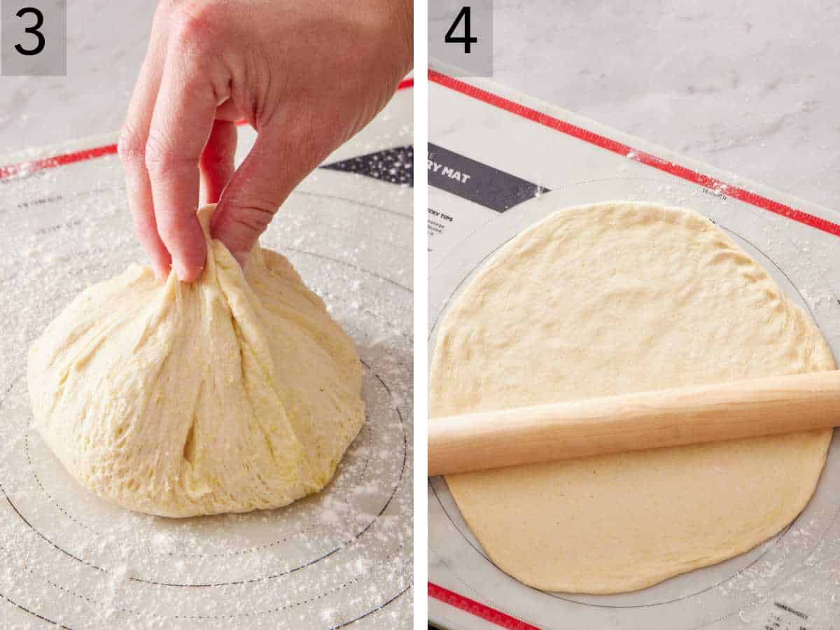 Set of two images showing dough pinched to the center and then rolled out.