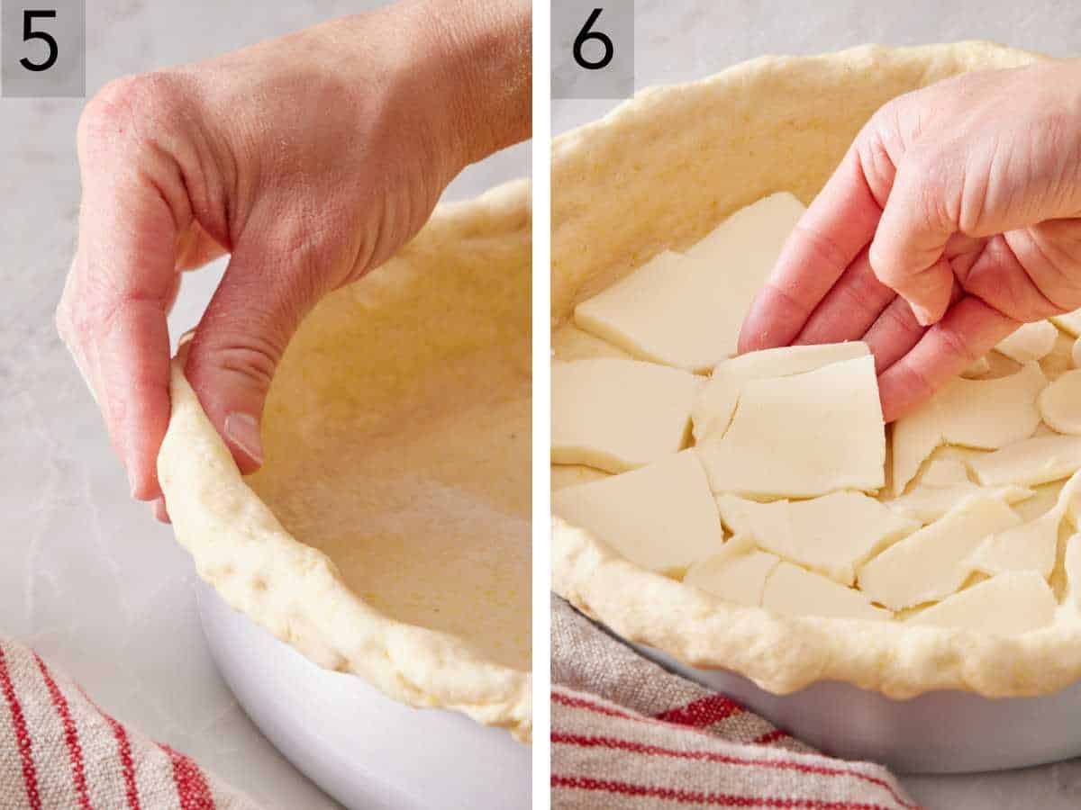 Set of two images showing deep dish pizza dough pinched along baking dish rim, and slices of cheese lining the bottom of the crust.